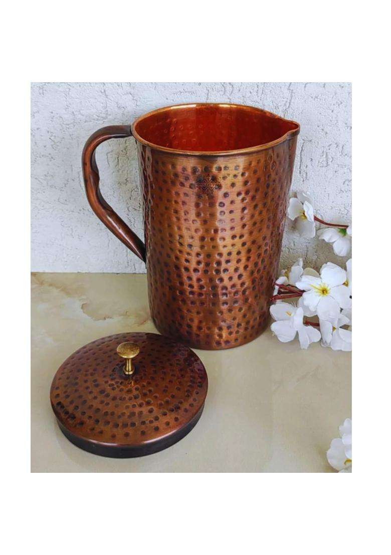 INDIAN ART VILLA Copper Jug Pitcher with Hammered Design | 1500 ml | 50.7 fl oz - Indya