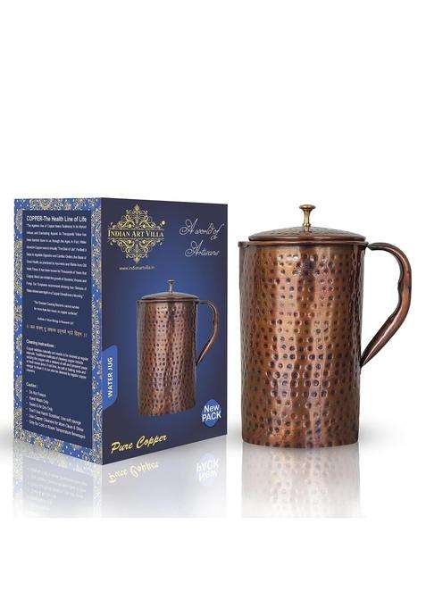 INDIAN ART VILLA Copper Jug Pitcher with Hammered Design | 1500 ml | 50.7 fl oz