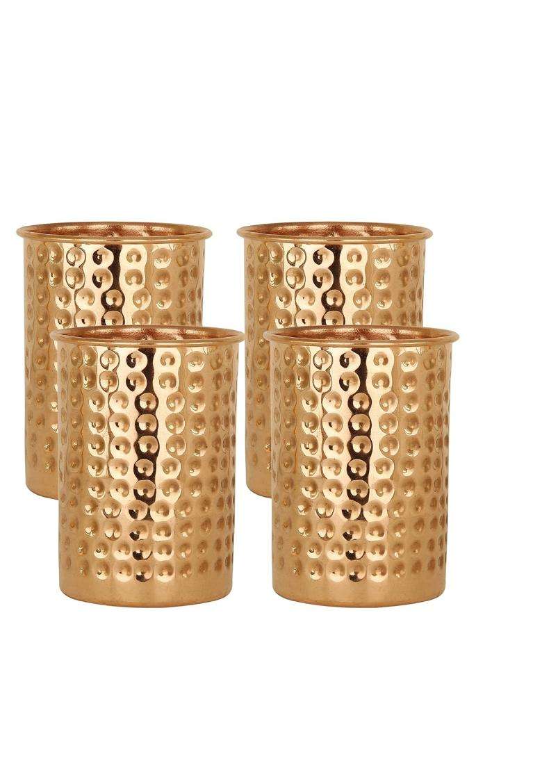 Taluka With T Logo Taluka Traditional Handmade Hammered Pure Copper Glass Cup Volume Water Storage | 350 ml | 11.8 fl oz | 4-Piece Set - Indya