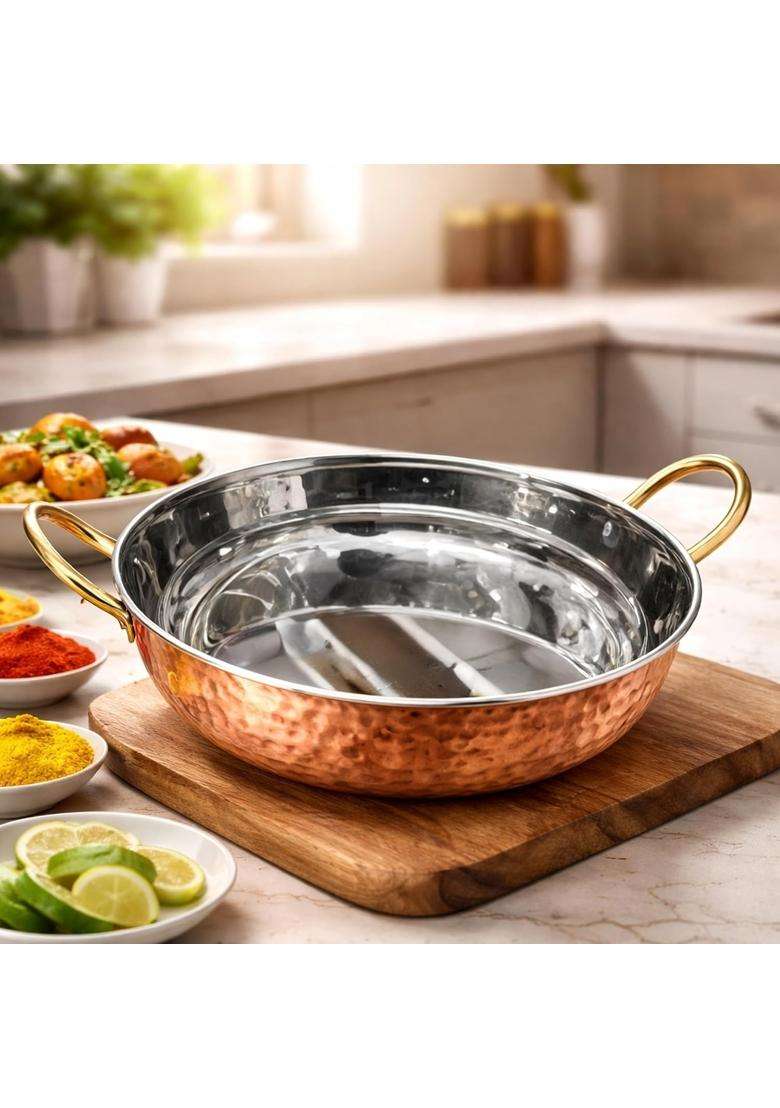 AANYA HOME CRAFT Copper Fry Pan with Stainless Steel Interior | 19 cm | 7.5 Inch | Dishwasher Safe | Hammered Finish - Indya