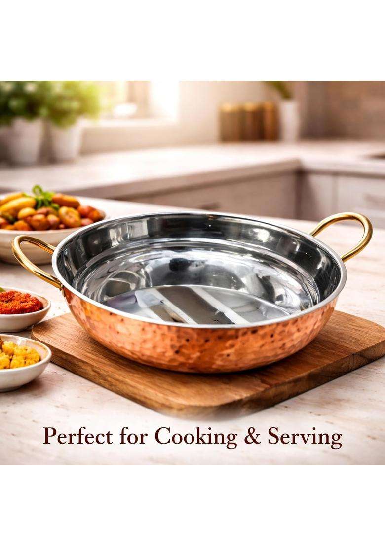 AANYA HOME CRAFT Copper Fry Pan with Stainless Steel Interior | 19 cm | 7.5 Inch | Dishwasher Safe | Hammered Finish - Indya