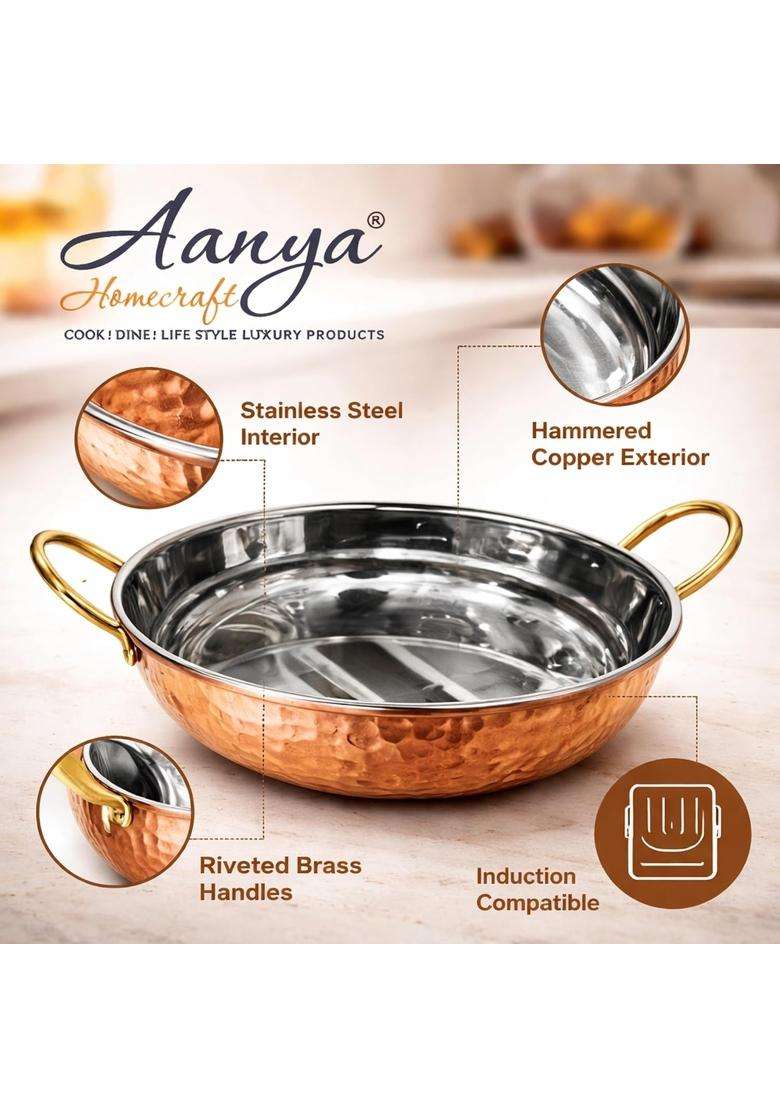 AANYA HOME CRAFT Copper Fry Pan with Stainless Steel Interior | 19 cm | 7.5 Inch | Dishwasher Safe | Hammered Finish - Indya