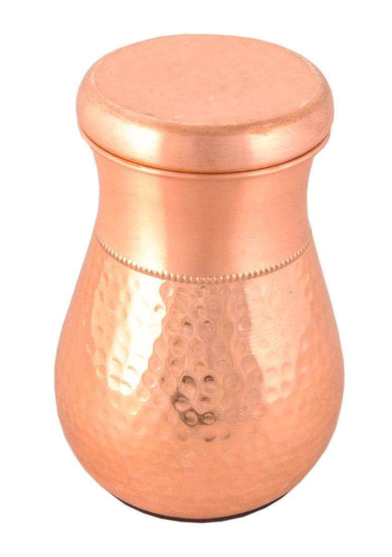 SHIV SHAKTI ARTS Pure Copper Half Hammered Bedroom Bottle Mini Shaped with Glass Lid Matt Finish | 1000 ml | 33.8 fl oz - Indya