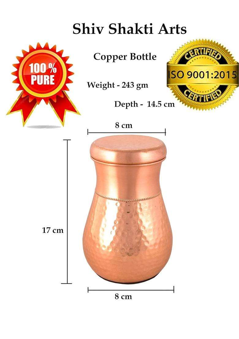 SHIV SHAKTI ARTS Pure Copper Half Hammered Bedroom Bottle Mini Shaped with Glass Lid Matt Finish | 1000 ml | 33.8 fl oz - Indya