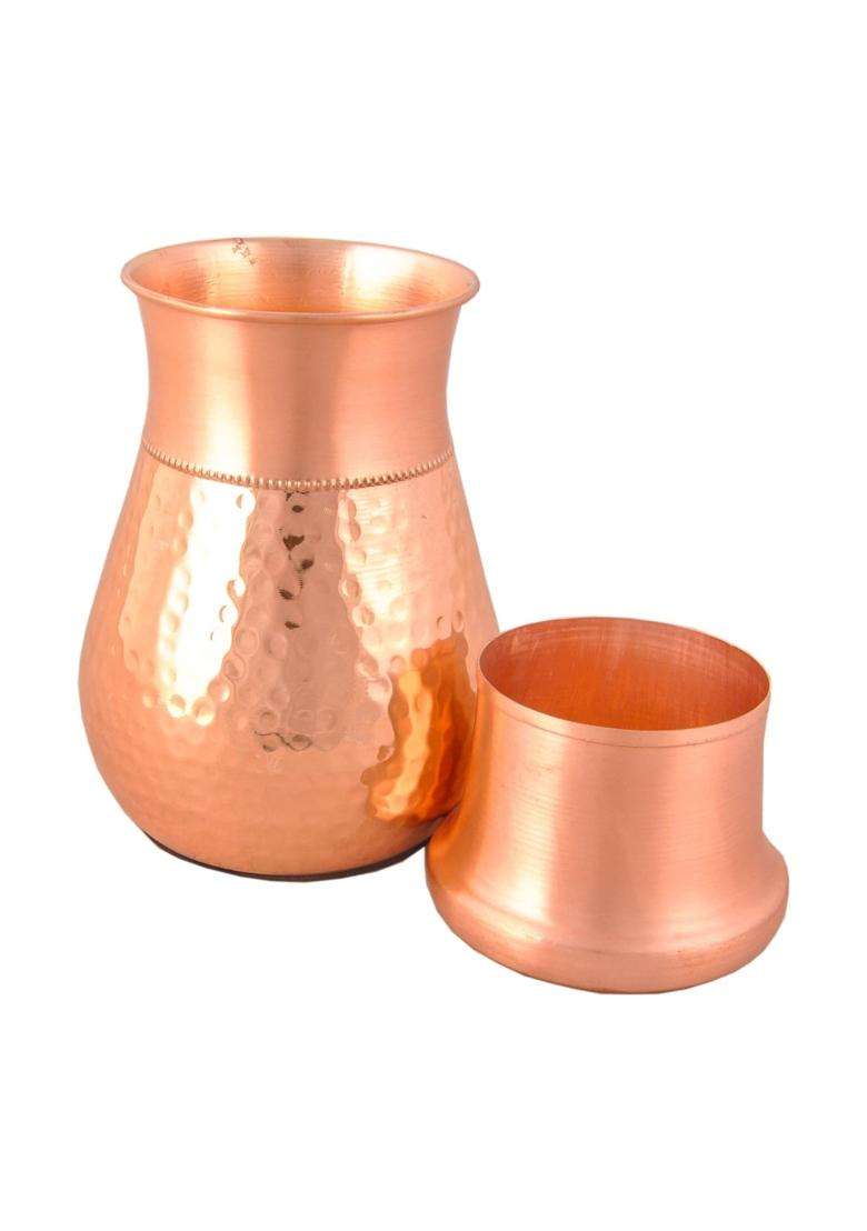SHIV SHAKTI ARTS Pure Copper Half Hammered Bedroom Bottle Mini Shaped with Glass Lid Matt Finish | 1000 ml | 33.8 fl oz - Indya