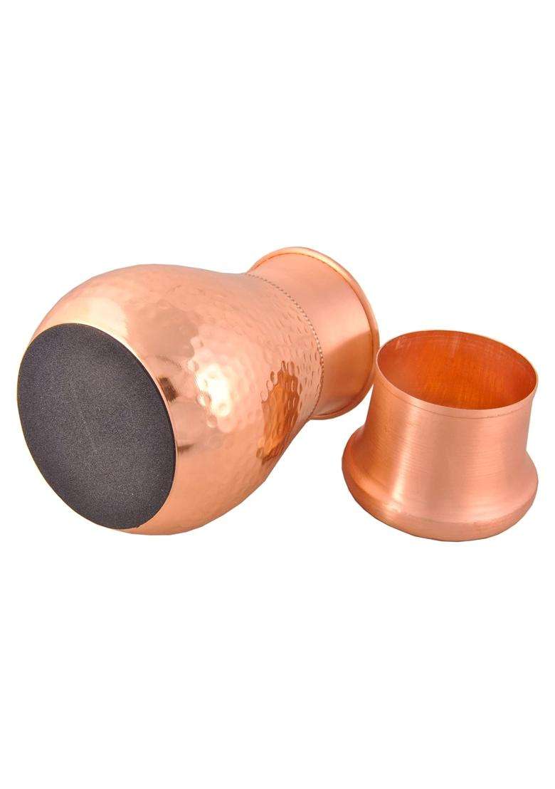 SHIV SHAKTI ARTS Pure Copper Half Hammered Bedroom Bottle Mini Shaped with Glass Lid Matt Finish | 1000 ml | 33.8 fl oz - Indya