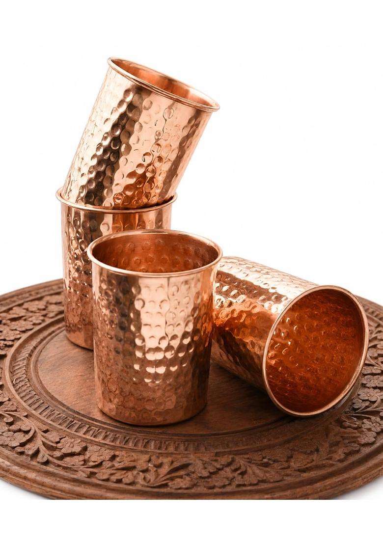 SHAAN mfg. Pure Copper Hammered Design Tumbler with Ayurvedic Health Benefits | 300 ml | 10.1 fl oz | Pack of 6 - Indya