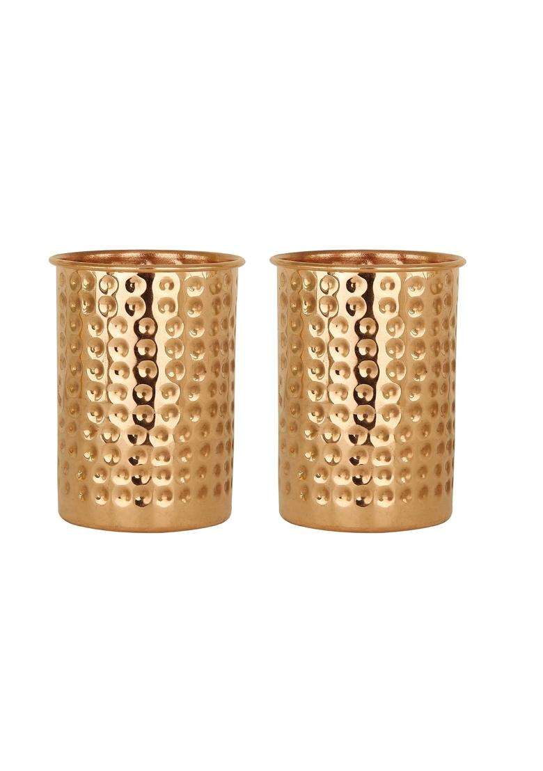 Taluka With T Logo Taluka Traditional Handmade Hammered Pure Copper Glass Cup Volume Water Storage | 350 ml | 11.8 fl oz | 2-Piece Set - Indya