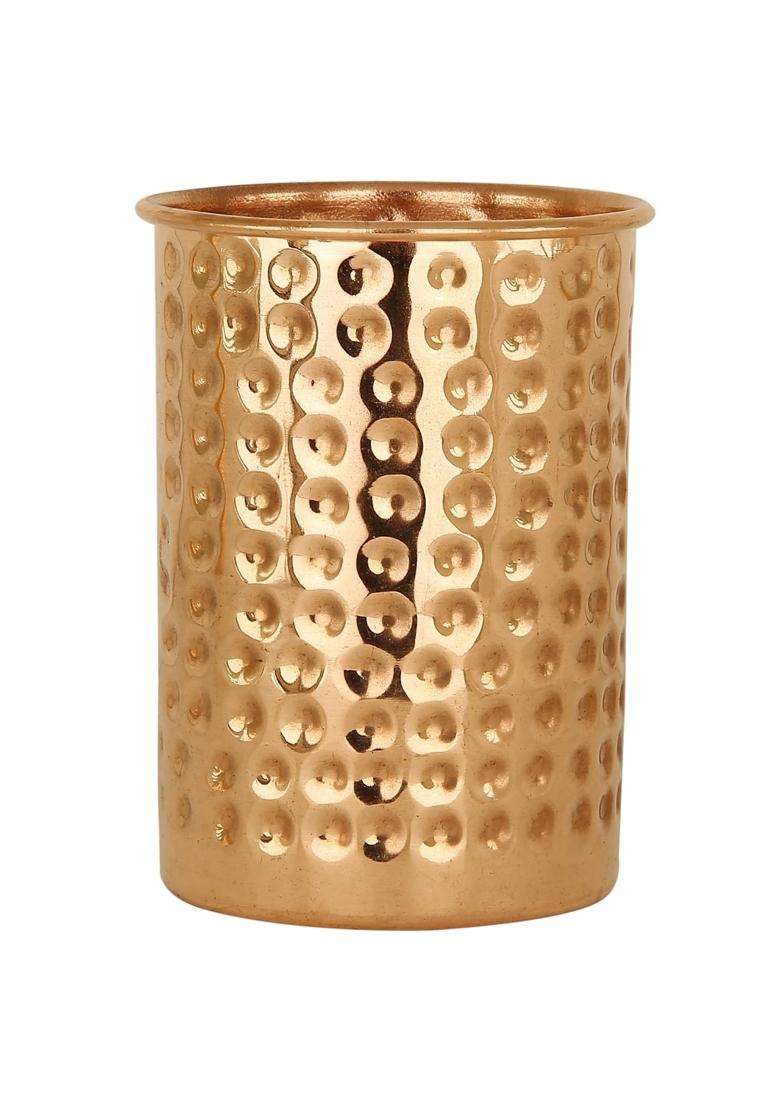 Taluka With T Logo Taluka Traditional Handmade Hammered Pure Copper Glass Cup Volume Water Storage | 350 ml | 11.8 fl oz | 2-Piece Set - Indya