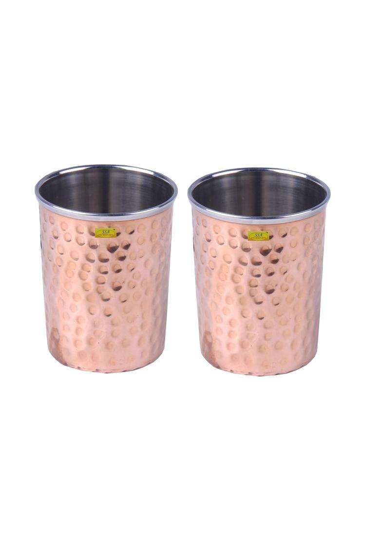 SHIV SHAKTI ARTS Handmade Steel Copper Hammered Glass | 2-Piece Set - Indya
