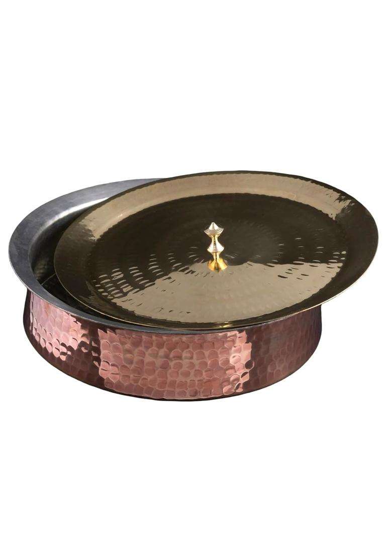 SHAAN mfg. Copper Lagan with Lid for Cooking | 3 L | 3.2 Qt | Handcrafted | Hammered Finish - Indya