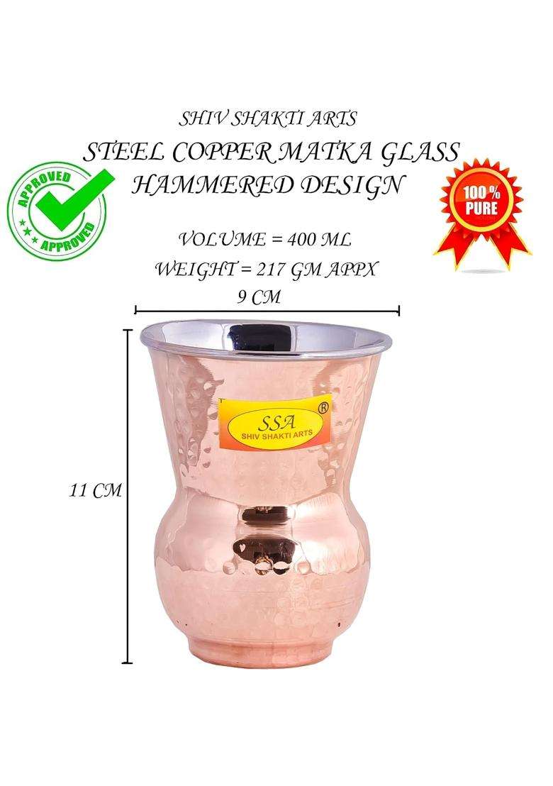 SHIV SHAKTI ARTS Steel Copper Muglai Matka Clay Water Pot Glass Tumbler Hammered Design | 400 ml | 13.5 fl oz - Indya