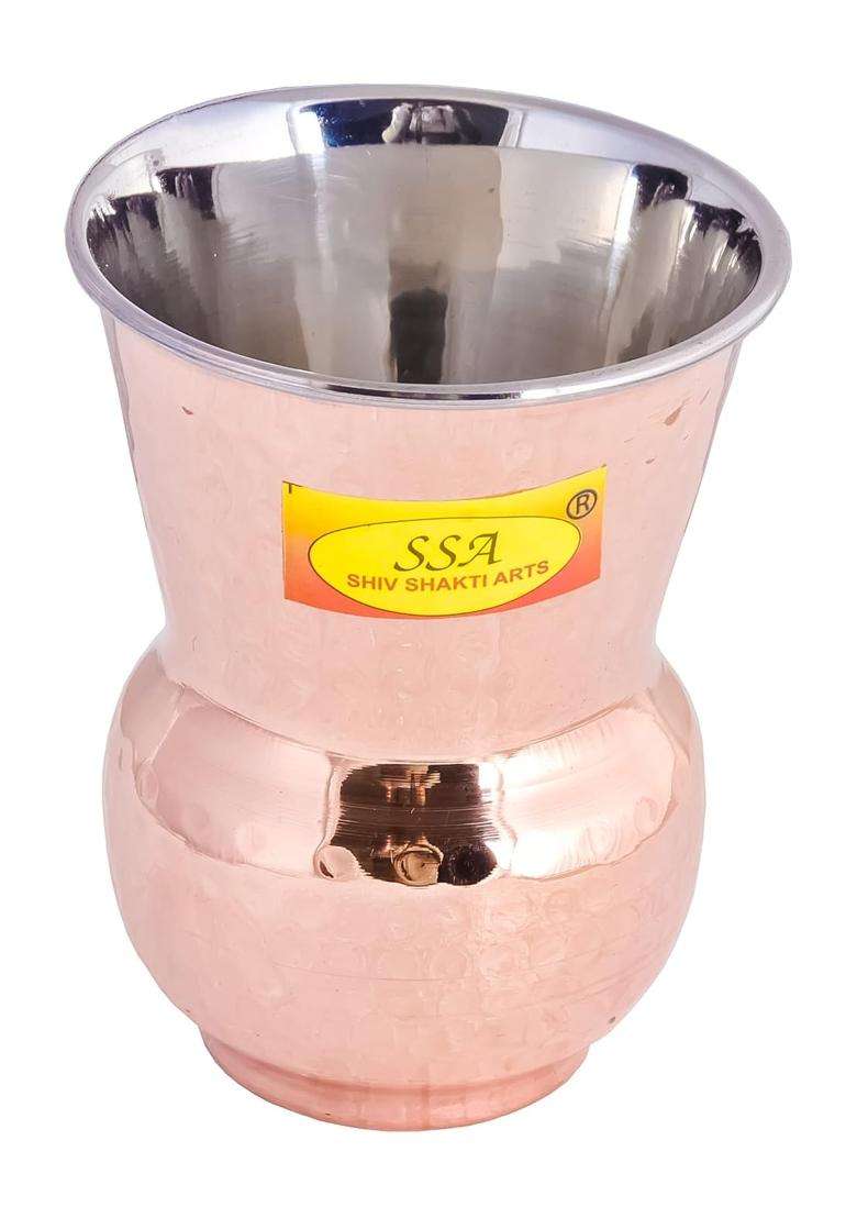 SHIV SHAKTI ARTS Steel Copper Muglai Matka Clay Water Pot Glass Tumbler Hammered Design | 400 ml | 13.5 fl oz - Indya