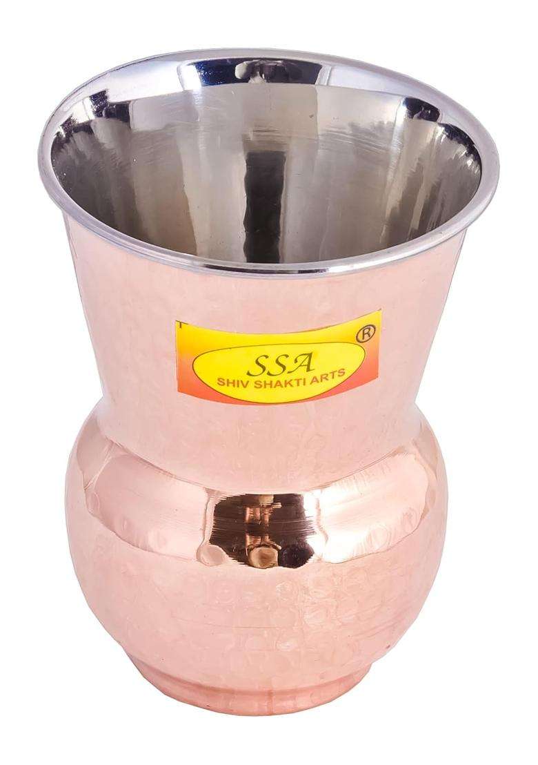SHIV SHAKTI ARTS Steel Copper Muglai Matka Clay Water Pot Glass Tumbler Hammered Design | 400 ml | 13.5 fl oz - Indya