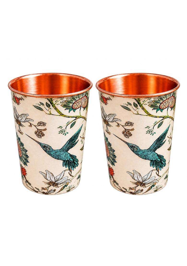 i2collections Copper Water Glass Capacity with Bird and Floral Design | 300 ml | 10.1 fl oz - Indya