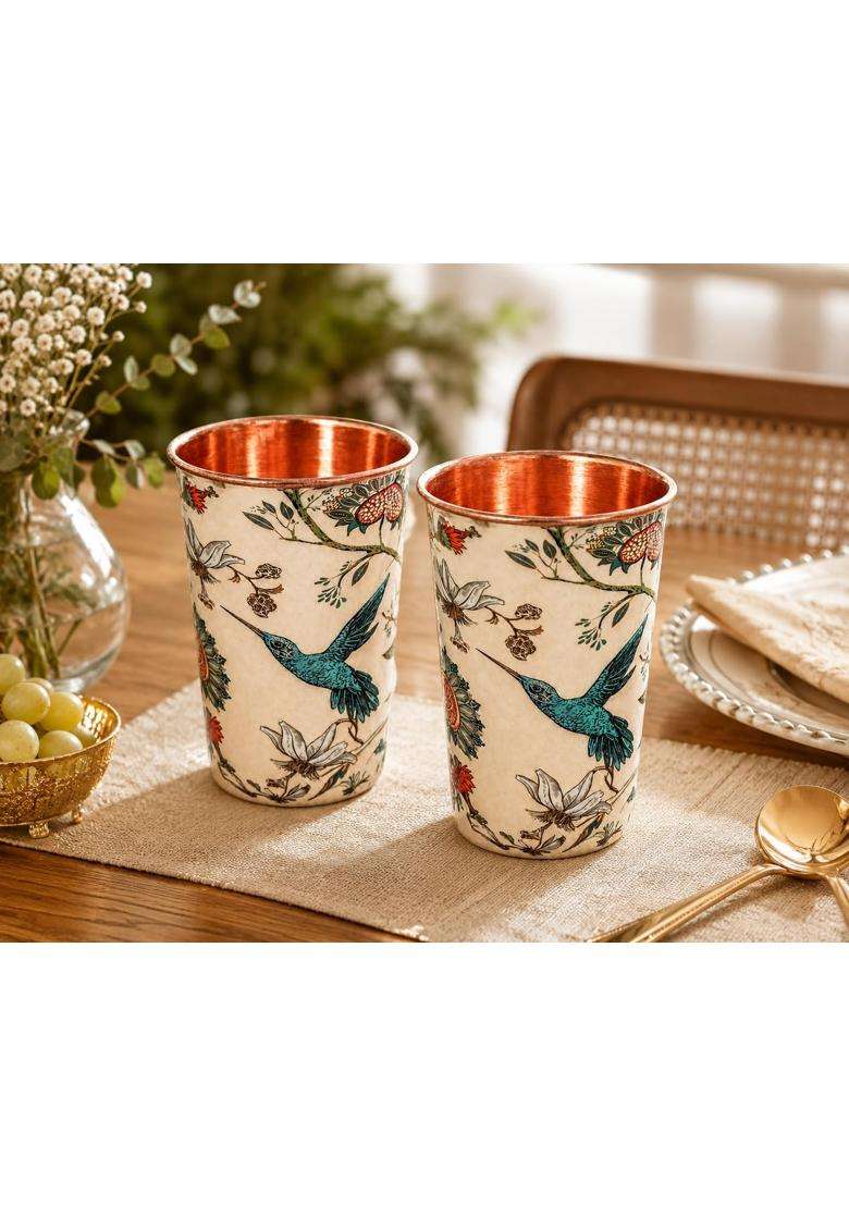 i2collections Copper Water Glass Capacity with Bird and Floral Design | 300 ml | 10.1 fl oz - Indya