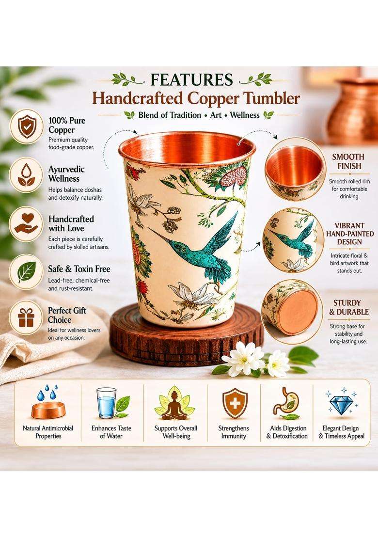 i2collections Copper Water Glass Capacity with Bird and Floral Design | 300 ml | 10.1 fl oz - Indya