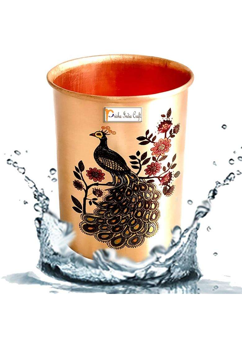 Prisha India Craft Printed Copper Glass Tumbler | 300 ml | 10.1 fl oz | Pack of 2 - Indya