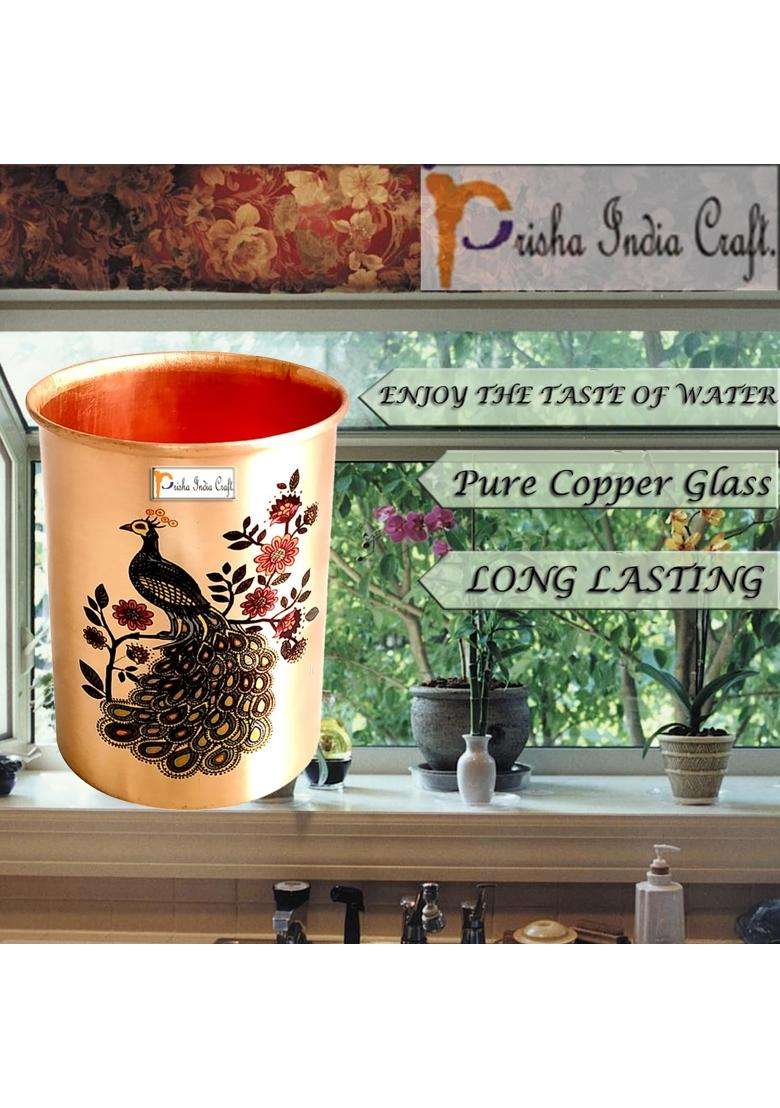 Prisha India Craft Printed Copper Glass Tumbler | 300 ml | 10.1 fl oz | Pack of 2 - Indya