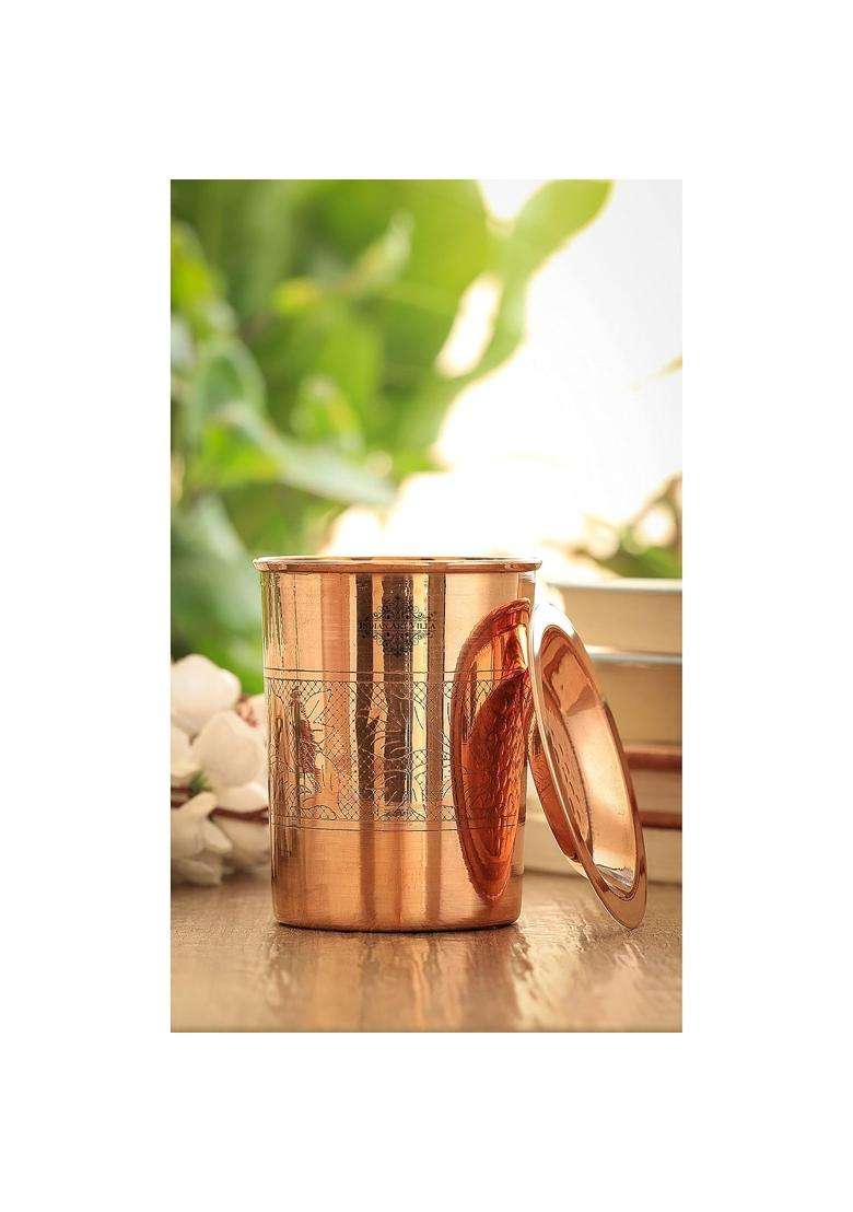 INDIAN ART VILLA Embossed Design Copper Glass Tumbler with Lid | 300 ml | 10.1 fl oz - Indya