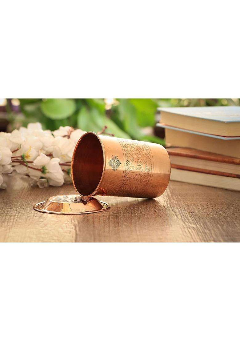 INDIAN ART VILLA Embossed Design Copper Glass Tumbler with Lid | 300 ml | 10.1 fl oz - Indya
