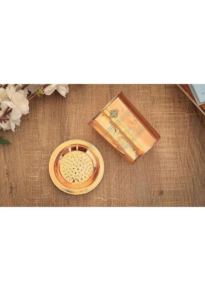 INDIAN ART VILLA Embossed Design Copper Glass Tumbler with Lid | 300 ml | 10.1 fl oz - Indya