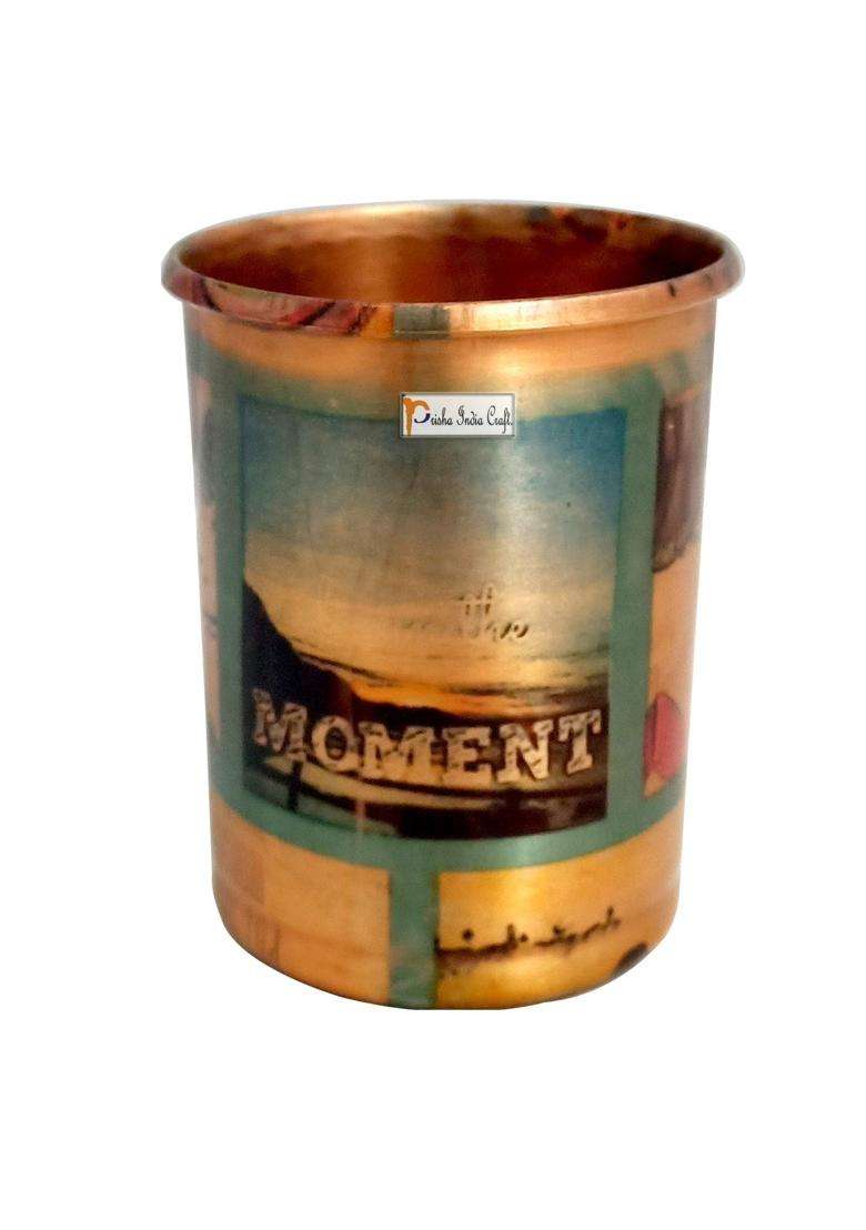 Prisha India Craft Pure Copper Digital Printed Design Glass Tumbler | 300 ml | 10.1 fl oz | 2-Piece Set - Indya