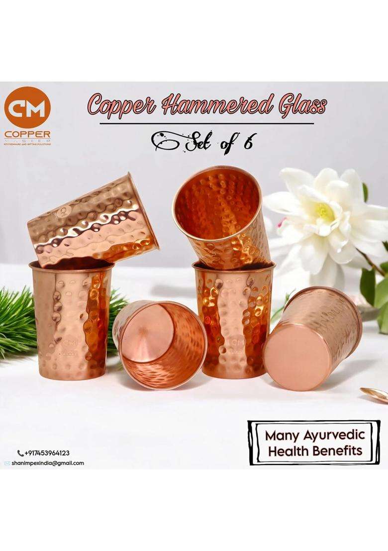Copper-Master Pure Brass Glass Tumbler with Embossed Design | 300 ml | 10.1 fl oz | 6-Piece Set - Indya