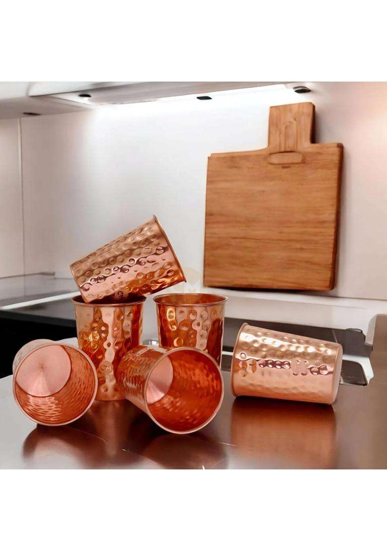 Copper-Master Pure Brass Glass Tumbler with Embossed Design | 300 ml | 10.1 fl oz | 6-Piece Set - Indya