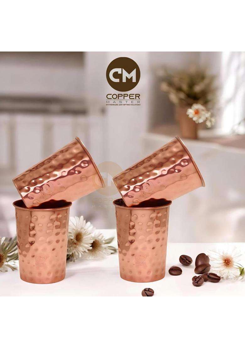 Copper-Master Pure Copper Glass Tumbler | 300 ml | 10.1 fl oz | 4-Piece Set - Indya