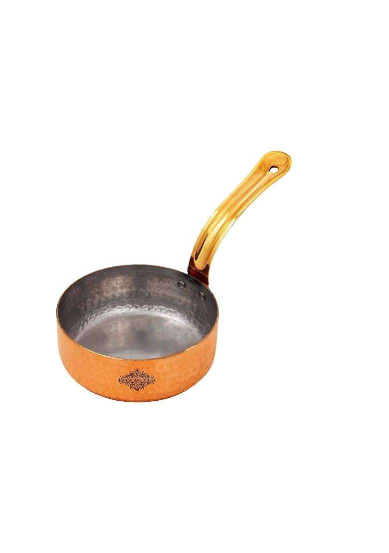 INDIAN ART VILLA Copper Cookware Round Pan with Hammered Design | 0.3 L | 0.3 Qt | 4.4 Inch | Tin Lined Kalai - Indya