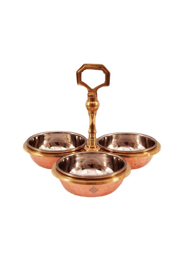 INDIAN ART VILLA Handmade Steel Copper 3 Compartment Condiment Pickle Dry Fruit Bowl Set | 250 ml | 8.5 fl oz - Indya