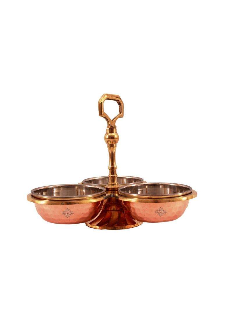 INDIAN ART VILLA Handmade Steel Copper 3 Compartment Condiment Pickle Dry Fruit Bowl Set | 250 ml | 8.5 fl oz - Indya