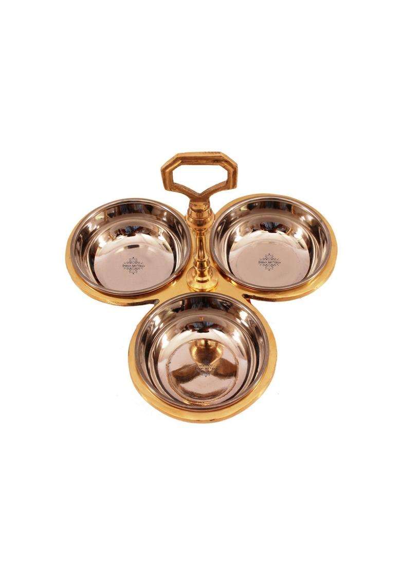 INDIAN ART VILLA Handmade Steel Copper 3 Compartment Condiment Pickle Dry Fruit Bowl Set | 250 ml | 8.5 fl oz - Indya