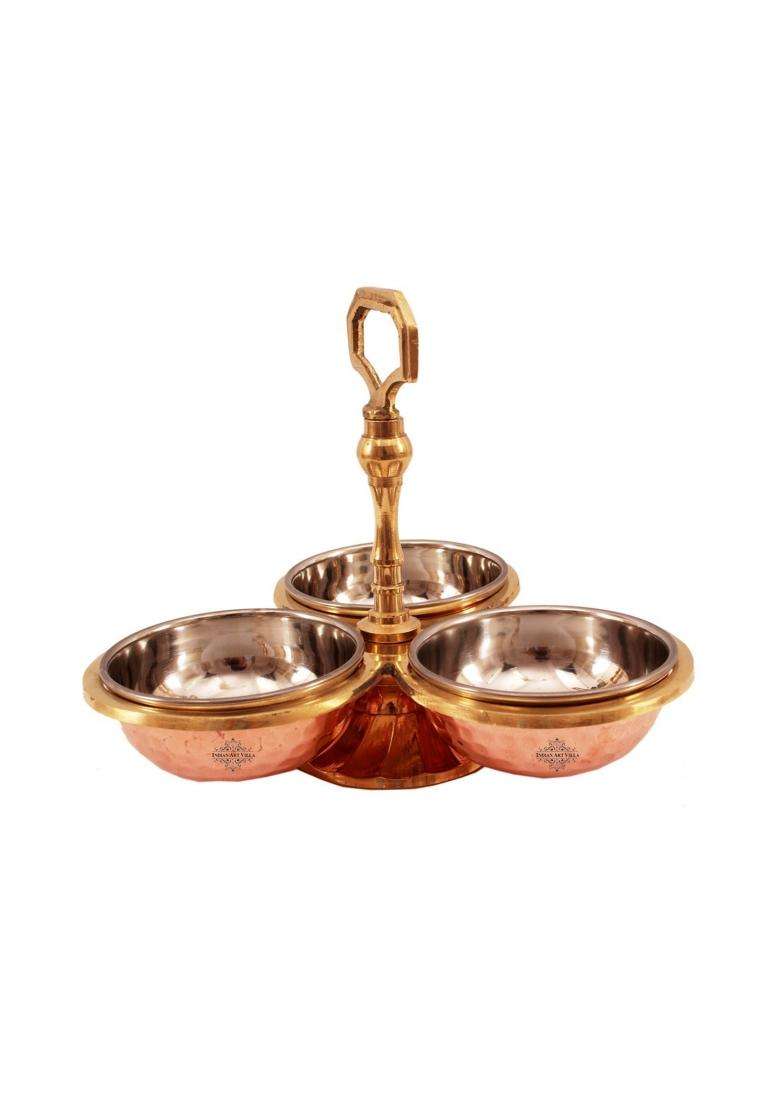 INDIAN ART VILLA Handmade Steel Copper 3 Compartment Condiment Pickle Dry Fruit Bowl Set | 250 ml | 8.5 fl oz - Indya