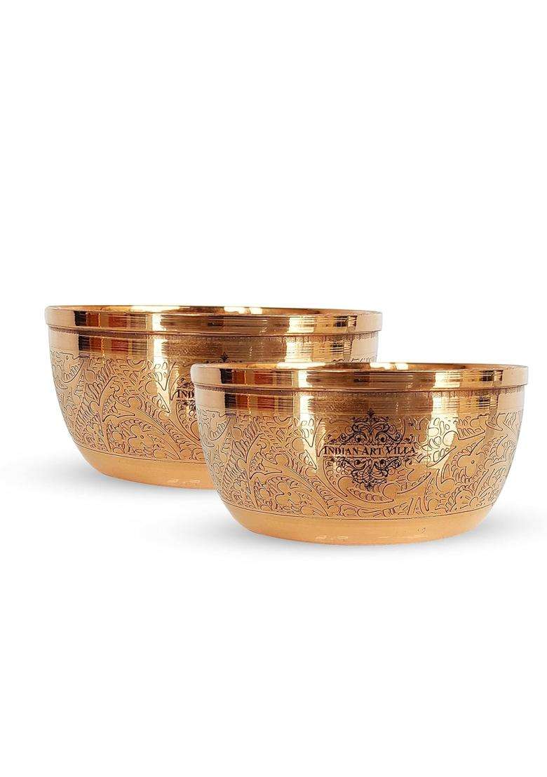 INDIAN ART VILLA Pure Copper Embossed Design Bowl Katori | 200 ml | 6.8 fl oz - Indya