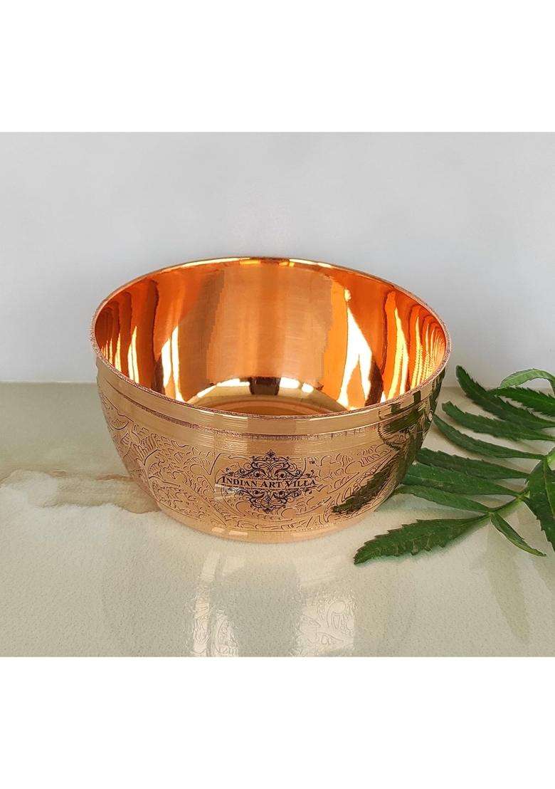 INDIAN ART VILLA Pure Copper Embossed Design Bowl Katori | 200 ml | 6.8 fl oz - Indya