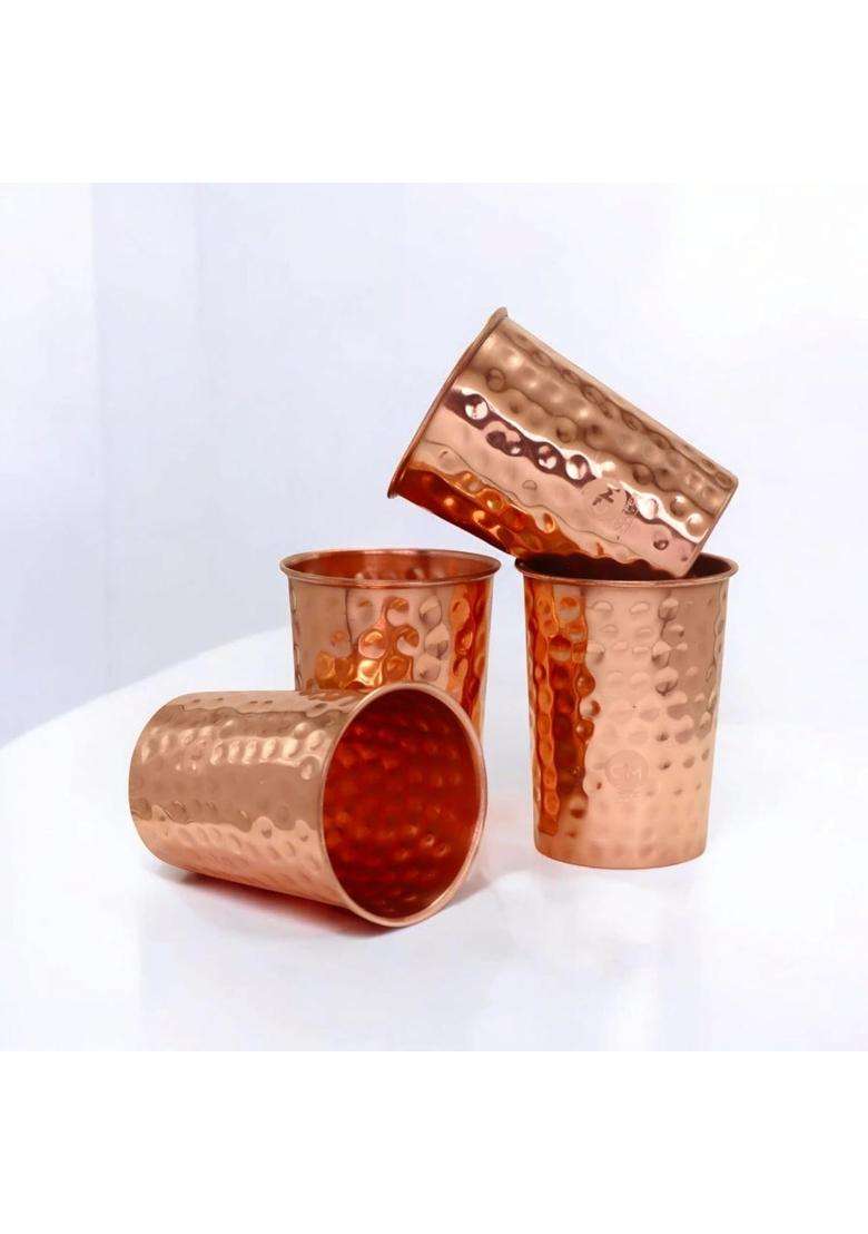 Copper-Master Pure Copper Hammered Glass Tumbler Drinkware Serving Water with Many Ayurvedic | 300 ml | 10.1 fl oz | 4-Piece Set - Indya