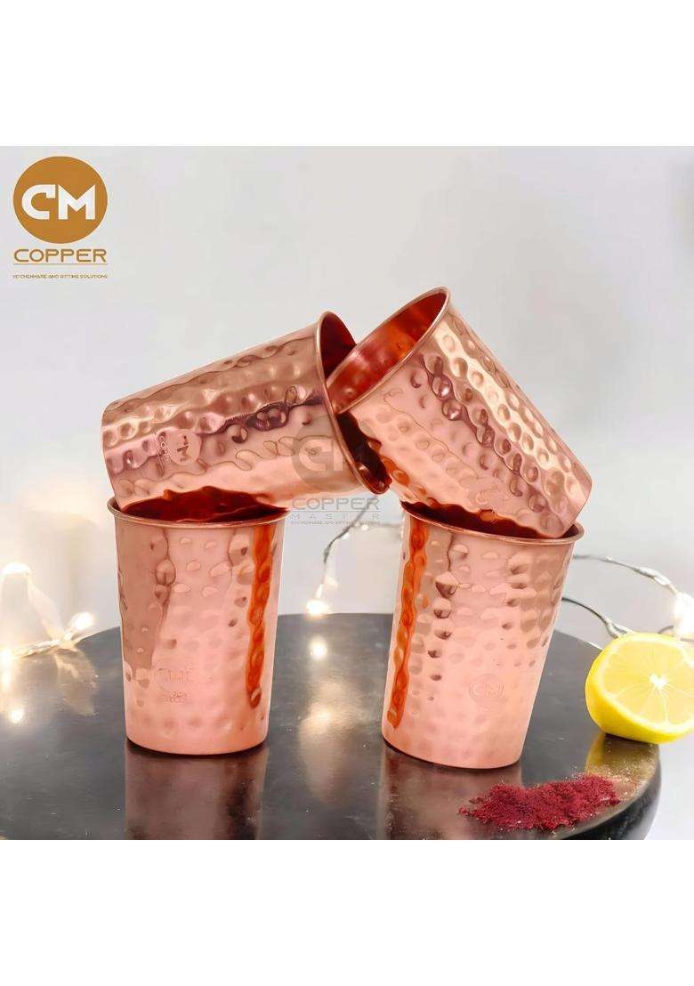 Copper-Master Pure Copper Hammered Glass Tumbler Drinkware Serving Water with Many Ayurvedic | 300 ml | 10.1 fl oz | 4-Piece Set - Indya