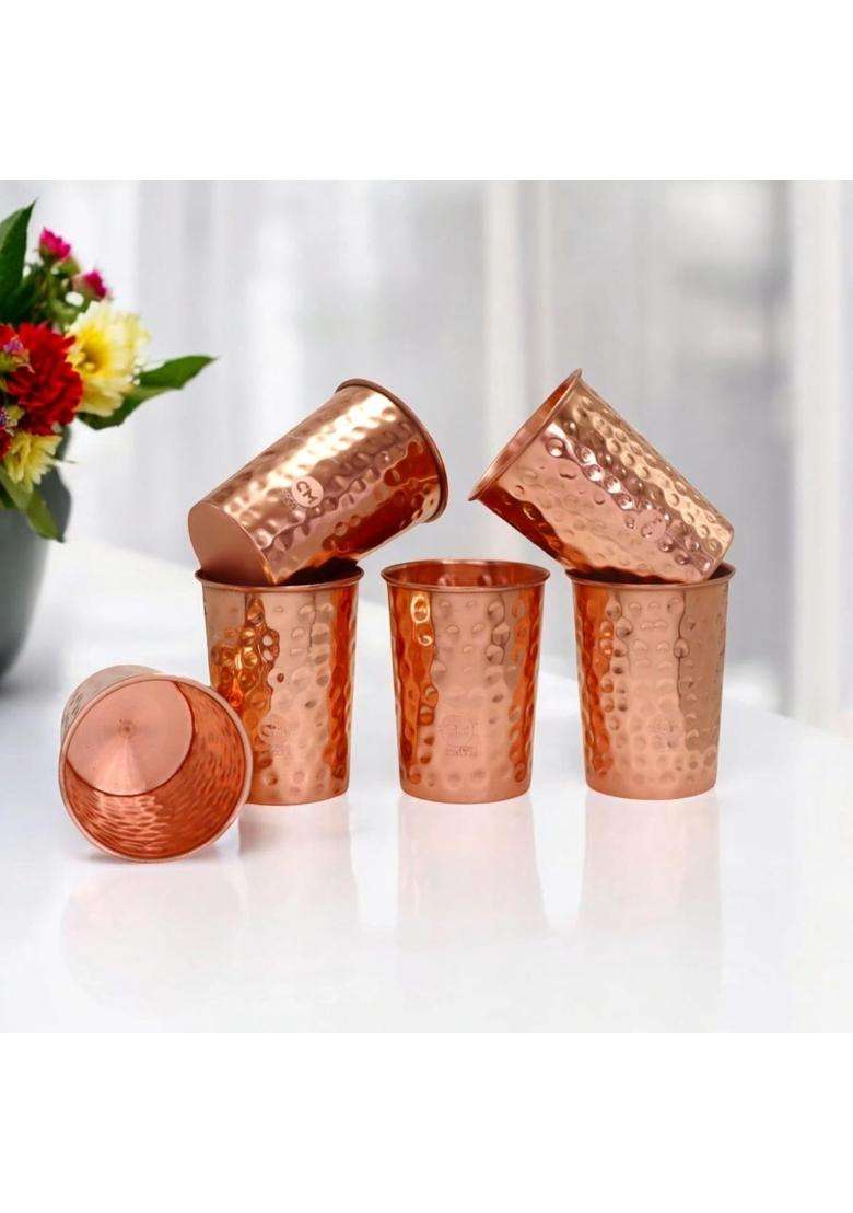 Copper-Master Pure Copper Hammered Glass Tumbler Drinkware Serving Water with Many Ayurvedic | 300 ml | 10.1 fl oz | 6-Piece Set - Indya