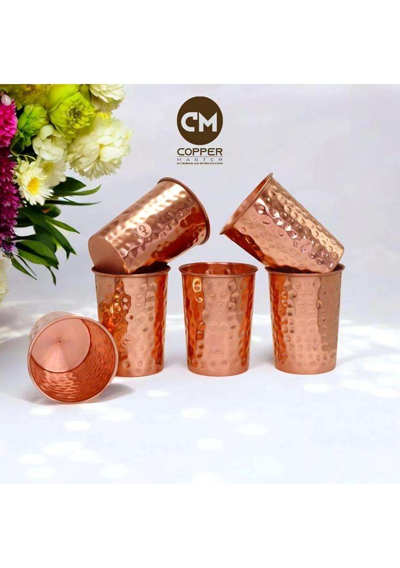 Copper-Master Pure Copper Hammered Glass Tumbler Drinkware Serving Water with Many Ayurvedic | 300 ml | 10.1 fl oz | 6-Piece Set - Indya