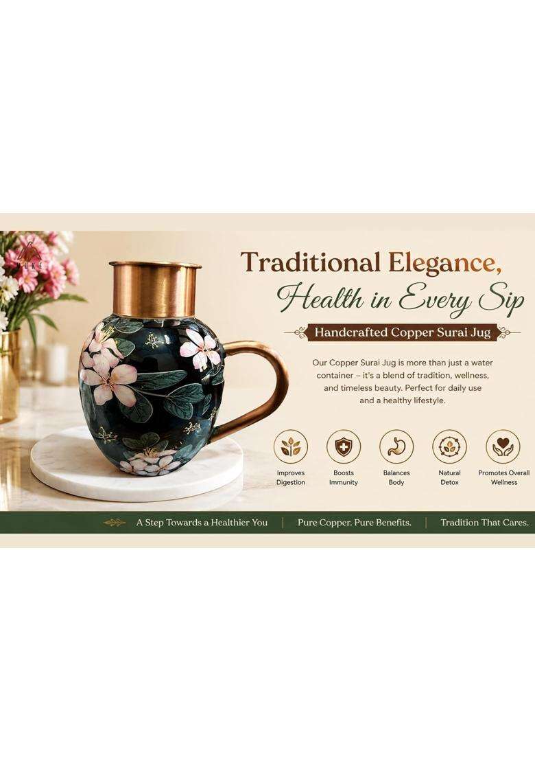 KITCHEN NEXT Floral Galore Royal Surai Design Copper Jug Pitcher | 1.5 L | 1.6 Qt - Indya