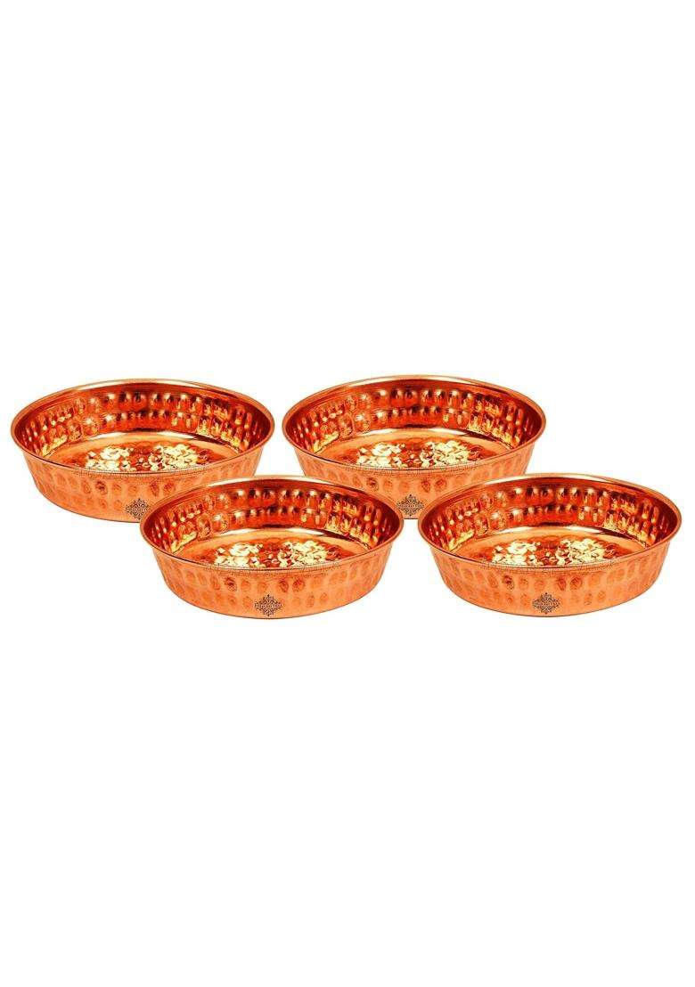 INDIAN ART VILLA Hammered Copper Rice Plate | 150 ml | 5.1 fl oz | 4-Piece Set - Indya