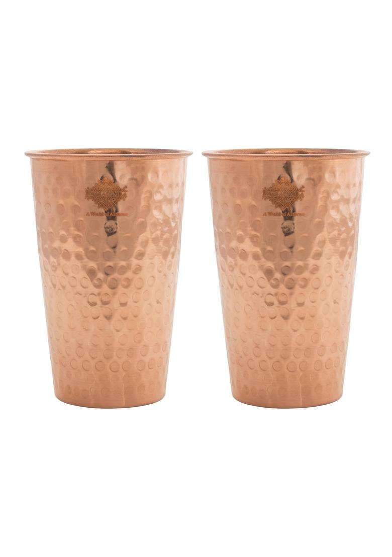 INDIAN ART VILLA Pure Copper Glass Handmade Hammered Drinking Cups for Water | 300 ml | 10.1 fl oz | 2-Piece Set - Indya
