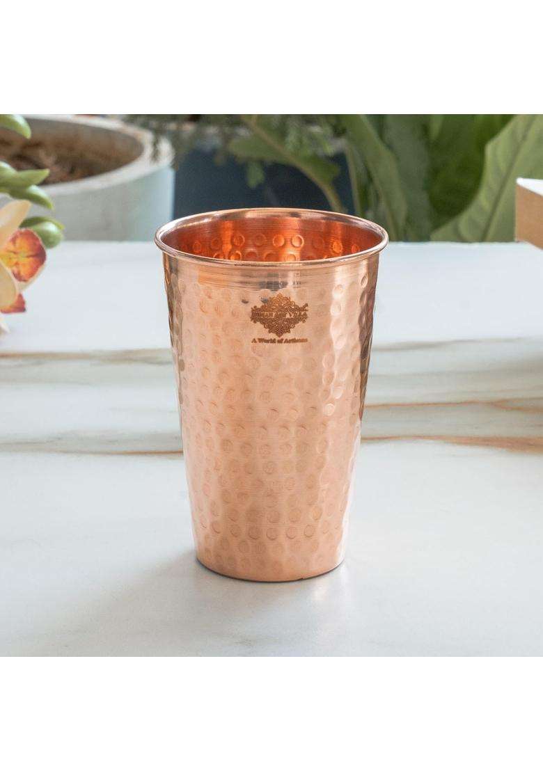 INDIAN ART VILLA Pure Copper Glass Handmade Hammered Drinking Cups for Water | 300 ml | 10.1 fl oz | 2-Piece Set - Indya