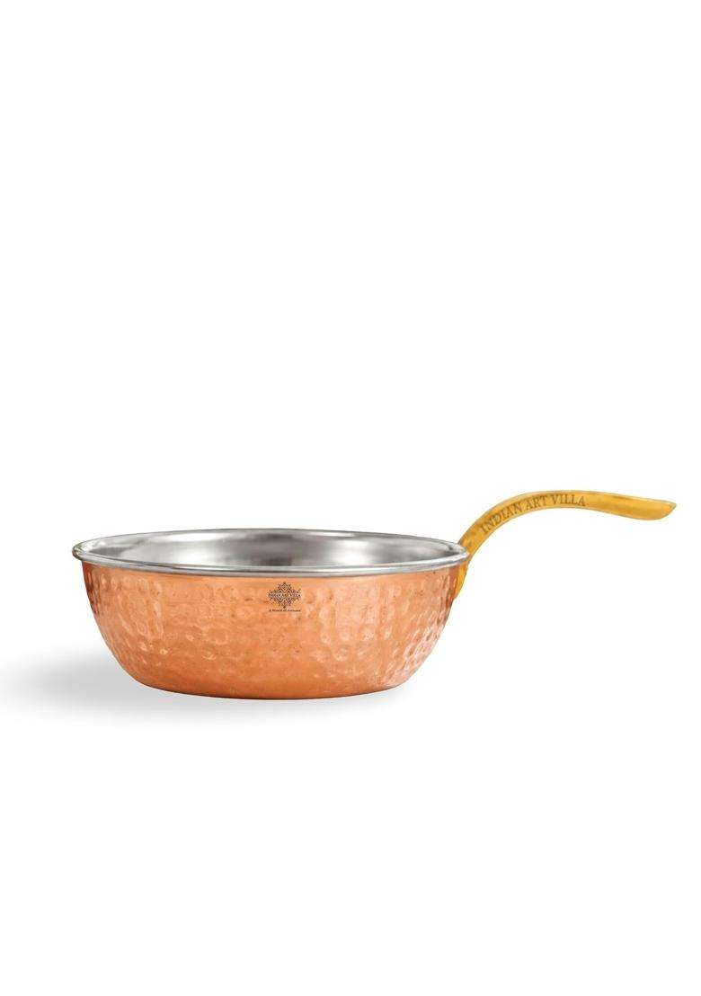 INDIAN ART VILLA Steel Copper Hammered Serving Pan with Brass Handle | 0.4 L | 0.4 Qt | 5.4 Inch - Indya