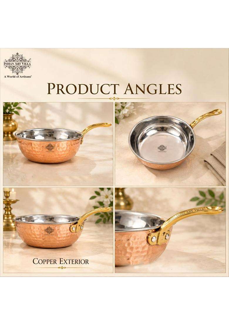 INDIAN ART VILLA Steel Copper Hammered Serving Pan with Brass Handle | 0.4 L | 0.4 Qt | 5.4 Inch - Indya