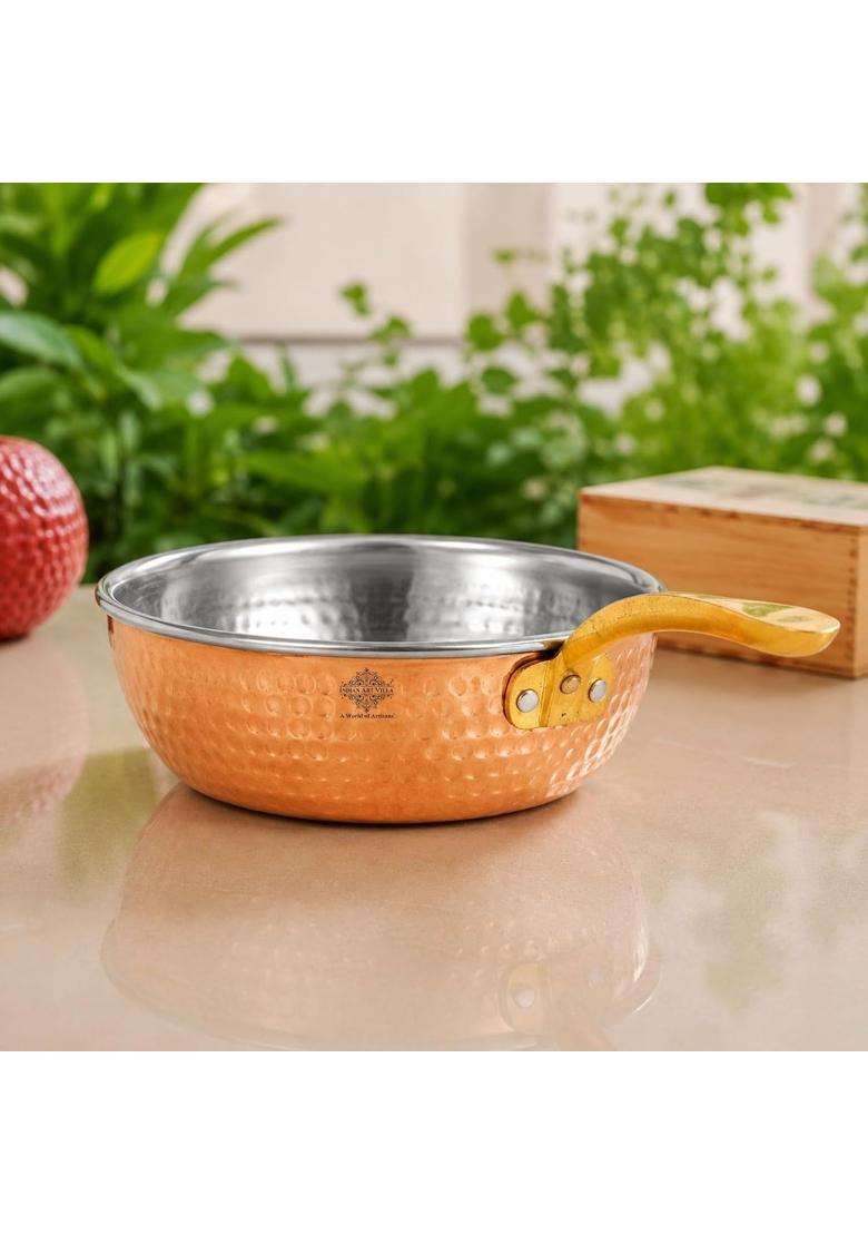 INDIAN ART VILLA Steel Copper Hammered Serving Pan with Brass Handle | 0.4 L | 0.4 Qt | 5.4 Inch - Indya