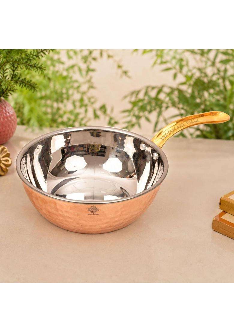 INDIAN ART VILLA Steel Copper Hammered Serving Pan with Brass Handle | 0.4 L | 0.4 Qt | 5.4 Inch - Indya