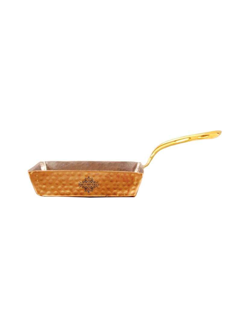 INDIAN ART VILLA Copper Serving Square Pan with Inside Tin Lining and Brass Handle | 5.6 Inch - Indya